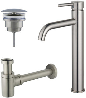 FortiFura Calvi Wastafelkraanset - verhoogde wastafelkraan - always open plug - verlaagde design sifon - Geborsteld RVS PVD (RVS) SW377857/SW696207/SW696217 RVS geborsteld