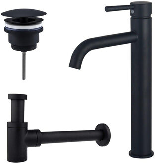 FortiFura Calvi Wastafelkraanset - verhoogde wastafelkraan - always open plug - verlaagde design sifon - Mat zwart SW377834/SW696205/SW696215 Zwart mat