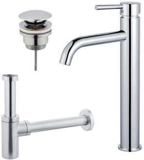 FortiFura Calvi Wastafelkraanset - verhoogde wastafelkraan - klikwaste plug - design sifon - Chroom SW377811/SW696203/SW696214
