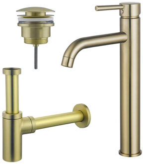 FortiFura Calvi Wastafelkraanset - verhoogde wastafelkraan - klikwaste plug - design sifon - Geborsteld Messing PVD (Goud) SW720549/SW696202/SW696213 Messing geborsteld (goud)
