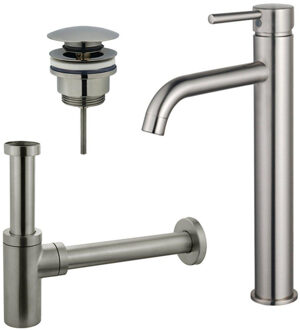 FortiFura Calvi Wastafelkraanset - verhoogde wastafelkraan - klikwaste plug - design sifon - Geborsteld RVS PVD (RVS) SW377857/SW696201/SW696212 RVS geborsteld