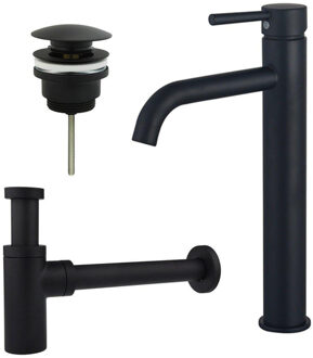 FortiFura Calvi Wastafelkraanset - verhoogde wastafelkraan - klikwaste plug - design sifon - Mat zwart SW377834/SW696199/SW696210 Zwart mat