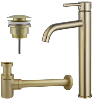 FortiFura Calvi Wastafelkraanset - verhoogde wastafelkraan - klikwaste plug - verlaagde design sifon - Geborsteld Messing PVD (Goud) SW720549/SW696202/SW696218 Messing geborsteld (goud)