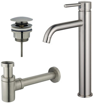 FortiFura Calvi Wastafelkraanset - verhoogde wastafelkraan - klikwaste plug - verlaagde design sifon - Geborsteld RVS PVD (RVS) SW377857/SW696201/SW696217 RVS geborsteld