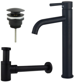 FortiFura Calvi Wastafelkraanset - verhoogde wastafelkraan - klikwaste plug - verlaagde design sifon - Mat zwart SW377834/SW696199/SW696215 Zwart mat
