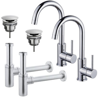 FortiFura Calvi Wastafelkraanset - voor dubbele wastafel - hoge wastafelkraan - draaibare uitloop - always open plug - design sifon - Chroom 2x SW809346/2x SW696209/2x SW696214