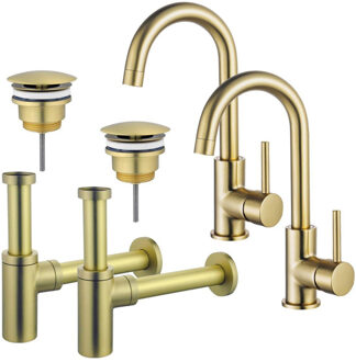 FortiFura Calvi Wastafelkraanset - voor dubbele wastafel - hoge wastafelkraan - draaibare uitloop - always open plug - design sifon - Geborsteld Messing PVD (Goud) 2x SW809349/2x SW696208/2x SW696213 Messing geborsteld (goud)