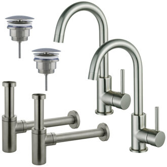 FortiFura Calvi Wastafelkraanset - voor dubbele wastafel - hoge wastafelkraan - draaibare uitloop - always open plug - design sifon - Geborsteld RVS PVD (RVS) 2x SW809348/2x SW696207/2x SW696212 RVS geborsteld