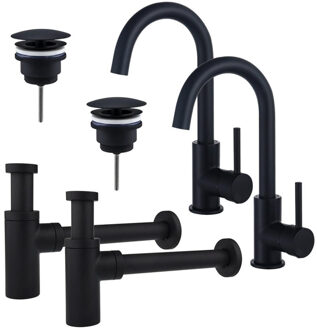 FortiFura Calvi Wastafelkraanset - voor dubbele wastafel - hoge wastafelkraan - draaibare uitloop - always open plug - design sifon - Mat zwart 2x SW809347/2x SW696205/2x SW696210 Zwart mat