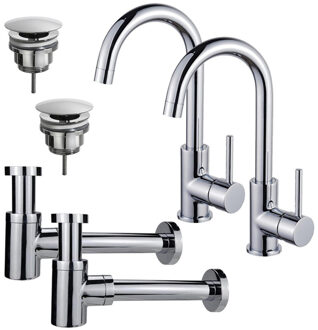 FortiFura Calvi Wastafelkraanset - voor dubbele wastafel - hoge wastafelkraan - draaibare uitloop - always open plug - verlaagde design sifon - Chroom 2x SW809346/2x SW696209/2x SW696219