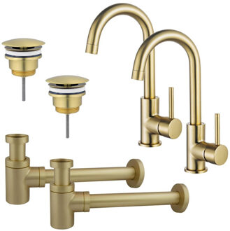 FortiFura Calvi Wastafelkraanset - voor dubbele wastafel - hoge wastafelkraan - draaibare uitloop - always open plug - verlaagde design sifon - Geborsteld Messing PVD (Goud) 2x SW809349/2x SW696208/2x SW696218 Messing geborsteld (goud)