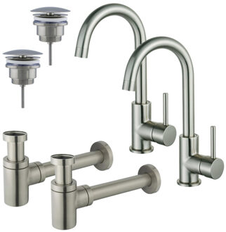 FortiFura Calvi Wastafelkraanset - voor dubbele wastafel - hoge wastafelkraan - draaibare uitloop - always open plug - verlaagde design sifon - Geborsteld RVS PVD (RVS) 2x SW809348/2x SW696207/2x SW696217 RVS geborsteld
