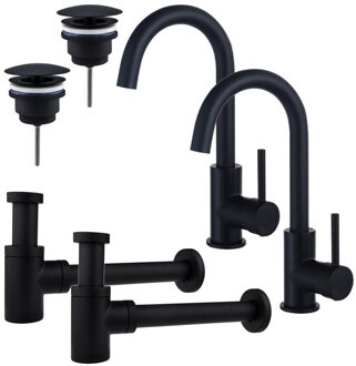 FortiFura Calvi Wastafelkraanset - voor dubbele wastafel - hoge wastafelkraan - draaibare uitloop - always open plug - verlaagde design sifon - Mat zwart 2x SW809347/2x SW696205/2x SW696215 Zwart mat