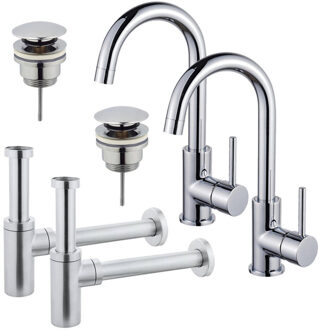 FortiFura Calvi Wastafelkraanset - voor dubbele wastafel - hoge wastafelkraan - draaibare uitloop - klikwaste plug - design sifon - Chroom 2x SW809346/2x SW696203/2x SW696214
