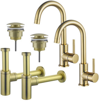 FortiFura Calvi Wastafelkraanset - voor dubbele wastafel - hoge wastafelkraan - draaibare uitloop - klikwaste plug - design sifon - Geborsteld Messing PVD (Goud) 2x SW809349/2x SW696202/2x SW696213 Messing geborsteld (goud)