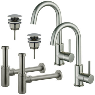 FortiFura Calvi Wastafelkraanset - voor dubbele wastafel - hoge wastafelkraan - draaibare uitloop - klikwaste plug - design sifon - Geborsteld RVS PVD (RVS) 2x SW809348/2x SW696201/2x SW696212 RVS geborsteld