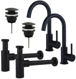 FortiFura Calvi Wastafelkraanset - voor dubbele wastafel - hoge wastafelkraan - draaibare uitloop - klikwaste plug - design sifon - Mat zwart 2x SW809347/2x SW696199/2x SW696210 Zwart mat