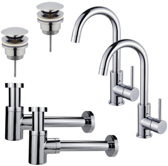 FortiFura Calvi Wastafelkraanset - voor dubbele wastafel - hoge wastafelkraan - draaibare uitloop - klikwaste plug - verlaagde design sifon - Chroom 2x SW809346/2x SW696203/2x SW696219