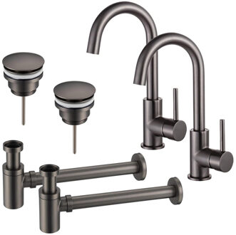 FortiFura Calvi Wastafelkraanset - voor dubbele wastafel - hoge wastafelkraan - draaibare uitloop - klikwaste plug - verlaagde design sifon - Geborsteld Gunmetal PVD 2x SW809350/2x SW767288/2x SW767295 Gunmetal geborsteld (antraciet)