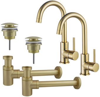 FortiFura Calvi Wastafelkraanset - voor dubbele wastafel - hoge wastafelkraan - draaibare uitloop - klikwaste plug - verlaagde design sifon - Geborsteld Messing PVD (Goud) 2x SW809349/2x SW696202/2x SW696218 Messing geborsteld (goud)