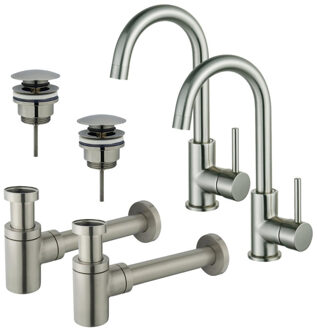 FortiFura Calvi Wastafelkraanset - voor dubbele wastafel - hoge wastafelkraan - draaibare uitloop - klikwaste plug - verlaagde design sifon - Geborsteld RVS PVD (RVS) 2x SW809348/2x SW696201/2x SW696217 RVS geborsteld