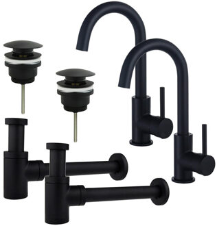 FortiFura Calvi Wastafelkraanset - voor dubbele wastafel - hoge wastafelkraan - draaibare uitloop - klikwaste plug - verlaagde design sifon - Mat zwart 2x SW809347/2x SW696199/2x SW696215 Zwart mat