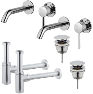 FortiFura Calvi Wastafelkraanset - voor dubbele wastafel - inbouw wastafelkraan - klikwaste plug - design sifon - Chroom 2x SW377814/2x SW696203/2x SW696214