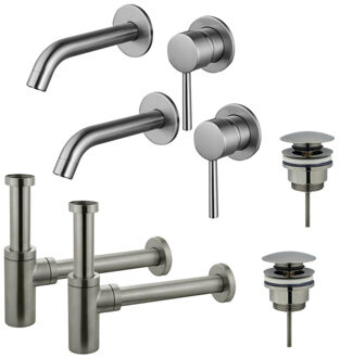 FortiFura Calvi Wastafelkraanset - voor dubbele wastafel - inbouw wastafelkraan - klikwaste plug - design sifon - Geborsteld RVS PVD (RVS) 2x SW377860/2x SW696201/2x SW696212 RVS geborsteld