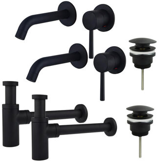 FortiFura Calvi Wastafelkraanset - voor dubbele wastafel - inbouw wastafelkraan - klikwaste plug - design sifon - Mat zwart 2x SW377837/2x SW696199/2x SW696210 Zwart mat