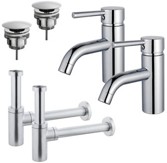 FortiFura Calvi Wastafelkraanset - voor dubbele wastafel - lage wastafelkraan - always open plug - design sifon - Chroom 2x SW377810/2x SW696209/2x SW696214