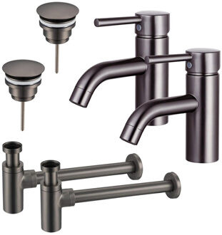 FortiFura Calvi Wastafelkraanset - voor dubbele wastafel - lage wastafelkraan - always open plug - design sifon - Geborsteld Gunmetal PVD 2x SW766540/2x SW769487/2x SW767297 Gunmetal geborsteld (antraciet)