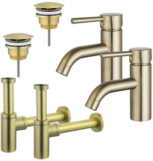 FortiFura Calvi Wastafelkraanset - voor dubbele wastafel - lage wastafelkraan - always open plug - design sifon - Geborsteld Messing PVD (Goud) 2x SW720547/2x SW696208/2x SW696213 Messing geborsteld (goud)
