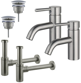 FortiFura Calvi Wastafelkraanset - voor dubbele wastafel - lage wastafelkraan - always open plug - design sifon - Geborsteld RVS PVD (RVS) 2x SW377856/2x SW696207/2x SW696212 RVS geborsteld