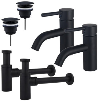 FortiFura Calvi Wastafelkraanset - voor dubbele wastafel - lage wastafelkraan - always open plug - design sifon - Mat zwart 2x SW377833/2x SW696205/2x SW696210 Zwart mat