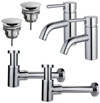 FortiFura Calvi Wastafelkraanset - voor dubbele wastafel - lage wastafelkraan - always open plug - verlaagde design sifon - Chroom 2x SW377810/2x SW696209/2x SW696219