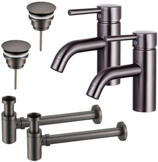 FortiFura Calvi Wastafelkraanset - voor dubbele wastafel - lage wastafelkraan - always open plug - verlaagde design sifon - Geborsteld Gunmetal PVD 2x SW766540/2x SW769487/2x SW767295 Gunmetal geborsteld (antraciet)