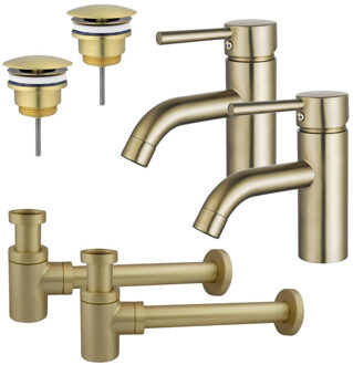 FortiFura Calvi Wastafelkraanset - voor dubbele wastafel - lage wastafelkraan - always open plug - verlaagde design sifon - Geborsteld Messing PVD (Goud) 2x SW720547/2x SW696208/2x SW696218 Messing geborsteld (goud)