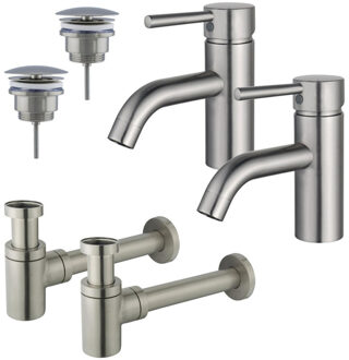 FortiFura Calvi Wastafelkraanset - voor dubbele wastafel - lage wastafelkraan - always open plug - verlaagde design sifon - Geborsteld RVS PVD (RVS) 2x SW377856/2x SW696207/2x SW696217 RVS geborsteld