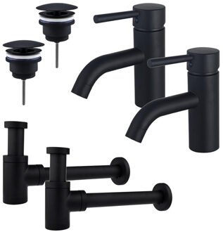 FortiFura Calvi Wastafelkraanset - voor dubbele wastafel - lage wastafelkraan - always open plug - verlaagde design sifon - Mat zwart 2x SW377833/2x SW696205/2x SW696215 Zwart mat