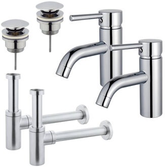 FortiFura Calvi Wastafelkraanset - voor dubbele wastafel - lage wastafelkraan - klikwaste plug - design sifon - Chroom 2x SW377810/2x SW696203/2x SW696214