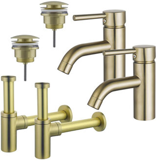 FortiFura Calvi Wastafelkraanset - voor dubbele wastafel - lage wastafelkraan - klikwaste plug - design sifon - Geborsteld Messing PVD (Goud) 2x SW720547/2x SW696202/2x SW696213 Messing geborsteld (goud)