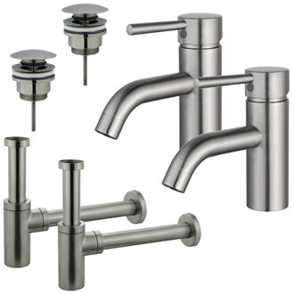 FortiFura Calvi Wastafelkraanset - voor dubbele wastafel - lage wastafelkraan - klikwaste plug - design sifon - Geborsteld RVS PVD (RVS) 2x SW377856/2x SW696201/2x SW696212 RVS geborsteld