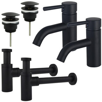 FortiFura Calvi Wastafelkraanset - voor dubbele wastafel - lage wastafelkraan - klikwaste plug - design sifon - Mat zwart 2x SW377833/2x SW696199/2x SW696210 Zwart mat