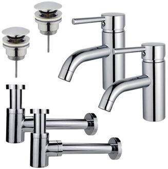 FortiFura Calvi Wastafelkraanset - voor dubbele wastafel - lage wastafelkraan - klikwaste plug - verlaagde design sifon - Chroom 2x SW377810/2x SW696203/2x SW696219