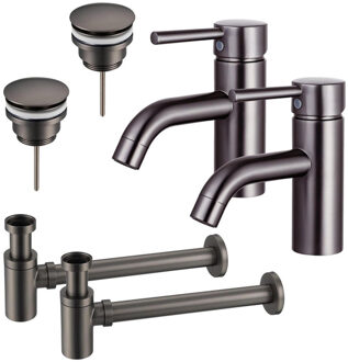 FortiFura Calvi Wastafelkraanset - voor dubbele wastafel - lage wastafelkraan - klikwaste plug - verlaagde design sifon - Geborsteld Gunmetal PVD 2x SW766540/2x SW767288/2x SW767295 Gunmetal geborsteld (antraciet)