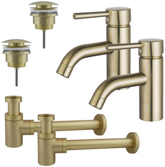 FortiFura Calvi Wastafelkraanset - voor dubbele wastafel - lage wastafelkraan - klikwaste plug - verlaagde design sifon - Geborsteld Messing PVD (Goud) 2x SW720547/2x SW696202/2x SW696218 Messing geborsteld (goud)