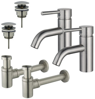 FortiFura Calvi Wastafelkraanset - voor dubbele wastafel - lage wastafelkraan - klikwaste plug - verlaagde design sifon - Geborsteld RVS PVD (RVS) 2x SW377856/2x SW696201/2x SW696217 RVS geborsteld