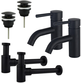 FortiFura Calvi Wastafelkraanset - voor dubbele wastafel - lage wastafelkraan - klikwaste plug - verlaagde design sifon - Mat zwart 2x SW377833/2x SW696199/2x SW696215 Zwart mat