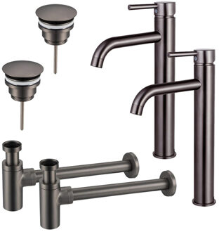 FortiFura Calvi Wastafelkraanset - voor dubbele wastafel - verhoogde wastafelkraan - always open plug - design sifon - Geborsteld Gunmetal PVD 2x SW766541/2x SW769487/2x SW767297 Gunmetal geborsteld (antraciet)