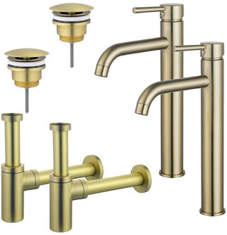 FortiFura Calvi Wastafelkraanset - voor dubbele wastafel - verhoogde wastafelkraan - always open plug - design sifon - Geborsteld Messing PVD (Goud) 2x SW720549/2x SW696208/2x SW696213 Messing geborsteld (goud)